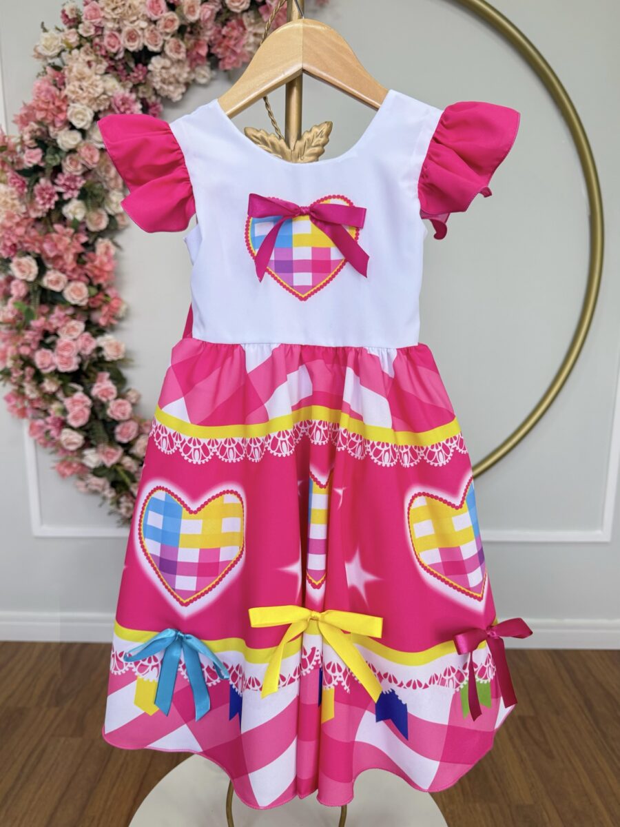 Vestido Junino Infantil Arraiá Pink Coração Colorido