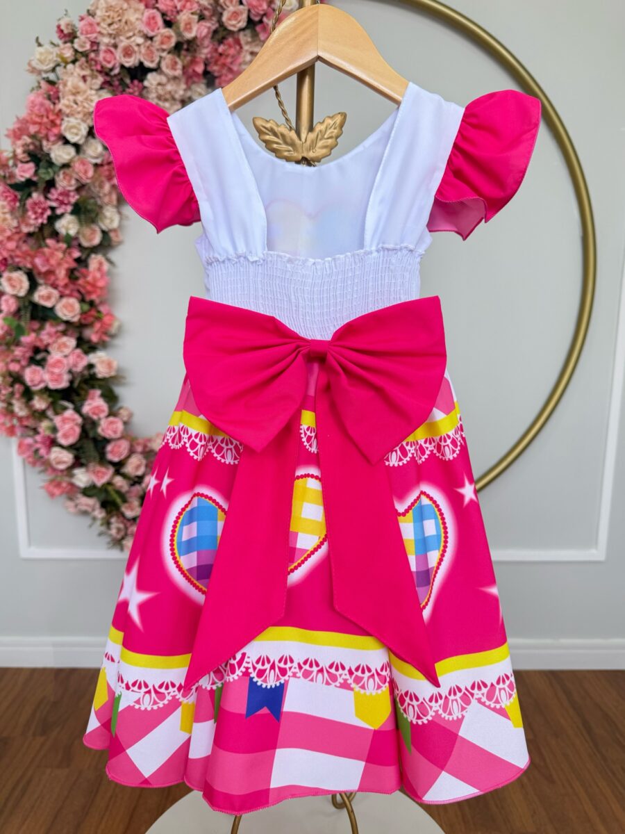Vestido Junino Infantil Arraiá Pink Coração Colorido