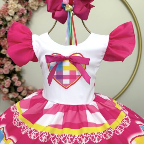 Vestido Junino Infantil Arraiá Pink Coração Colorido