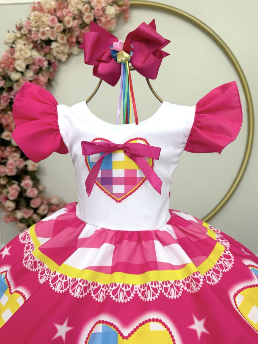 Vestido Junino Infantil Arraiá Pink Coração Colorido