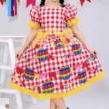 Vestido Junino Infantil Xadrez Vermelho Balões Coloridos