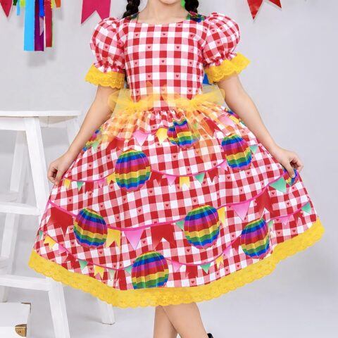 Vestido Junino Infantil Xadrez Vermelho Balões Coloridos