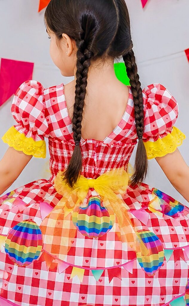 Vestido Junino Infantil Xadrez Vermelho Balões Coloridos