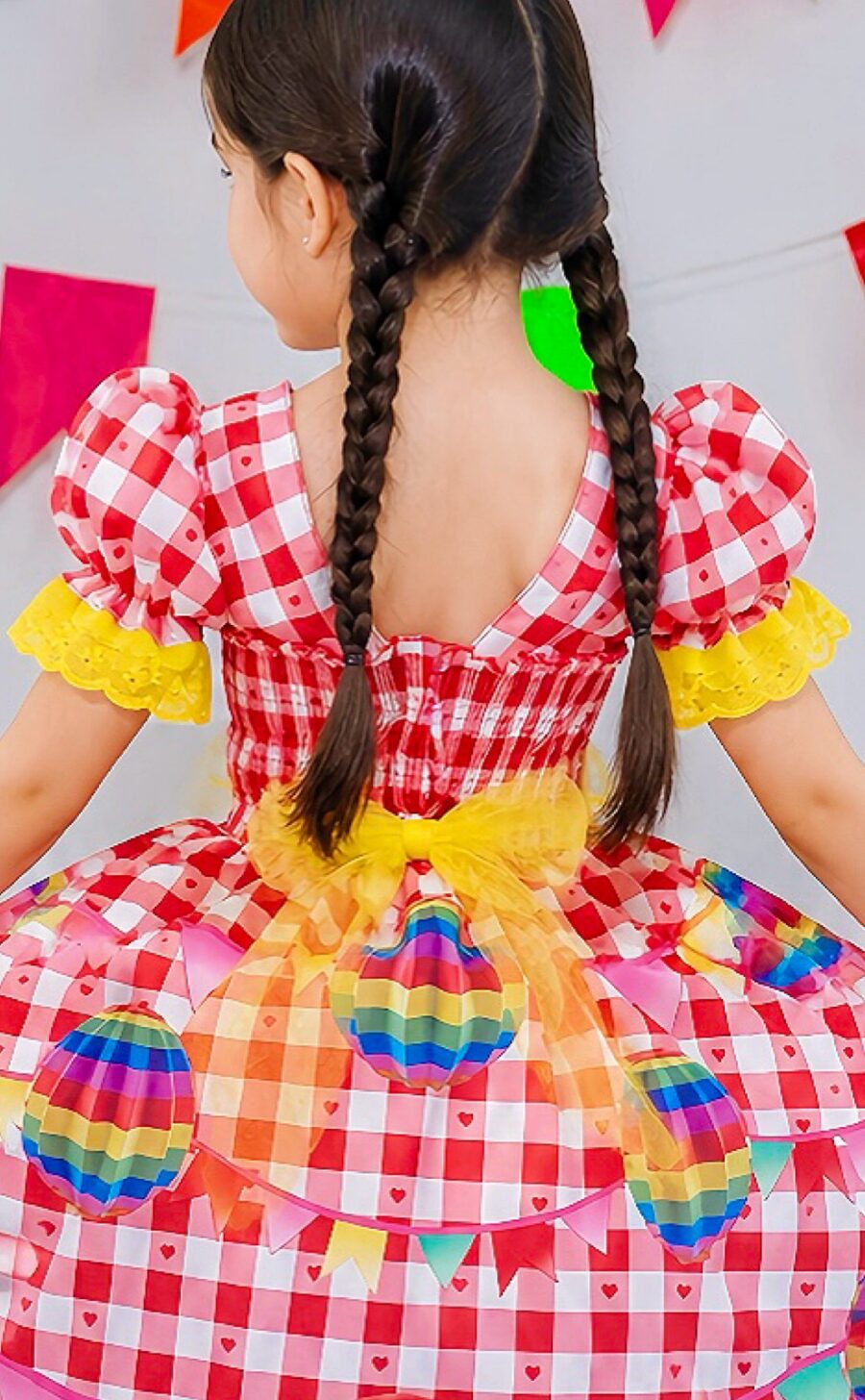 Vestido Junino Infantil Xadrez Vermelho Balões Coloridos