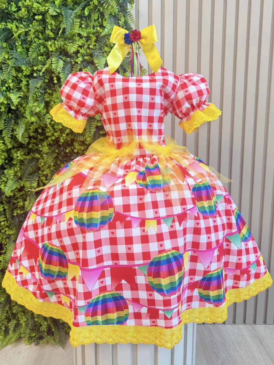 Vestido Junino Infantil Xadrez Vermelho Balões Coloridos