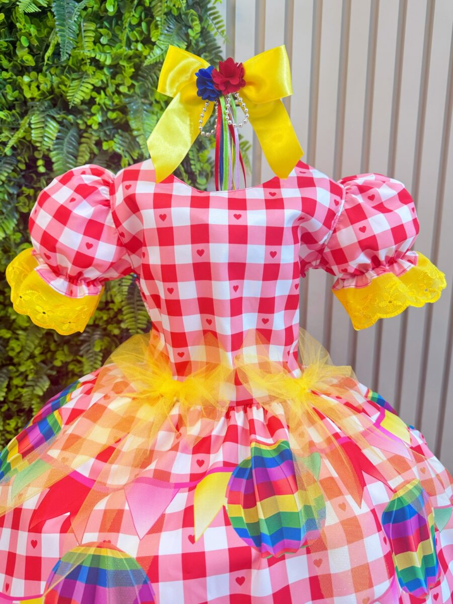 Vestido Junino Infantil Xadrez Vermelho Balões Coloridos