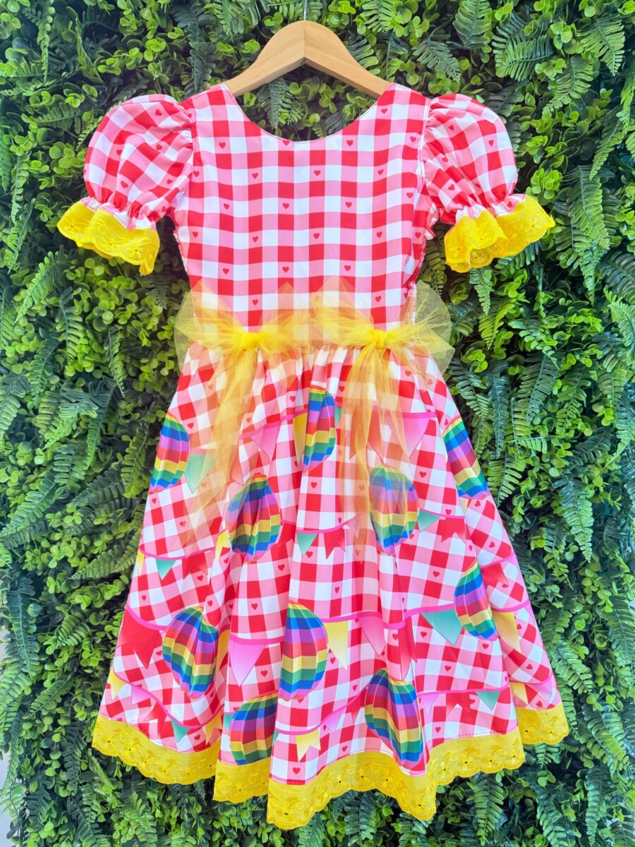 Vestido Junino Infantil Xadrez Vermelho Balões Coloridos