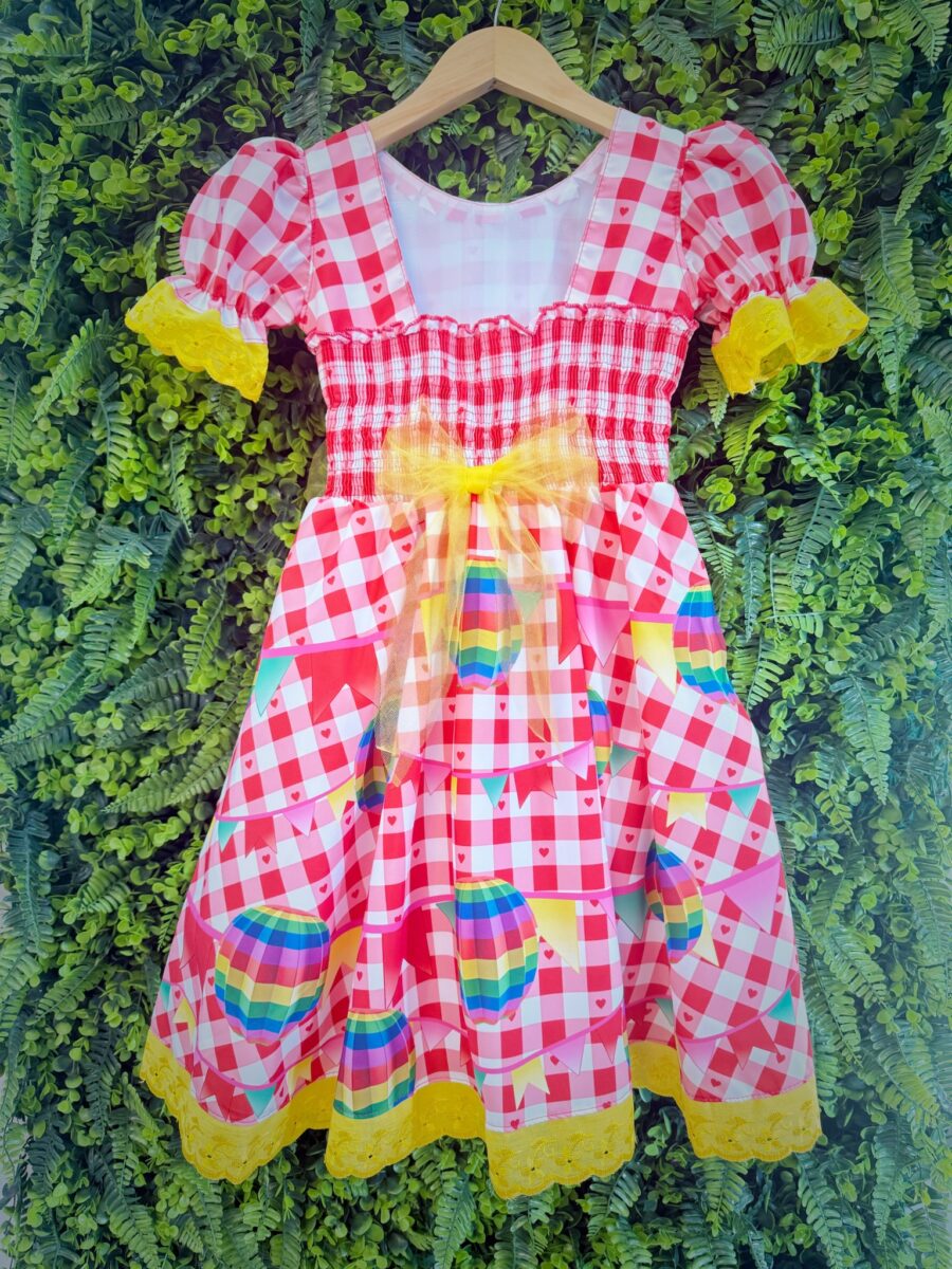 Vestido Junino Infantil Xadrez Vermelho Balões Coloridos
