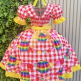 Vestido Junino Infantil Xadrez Vermelho Balões Coloridos