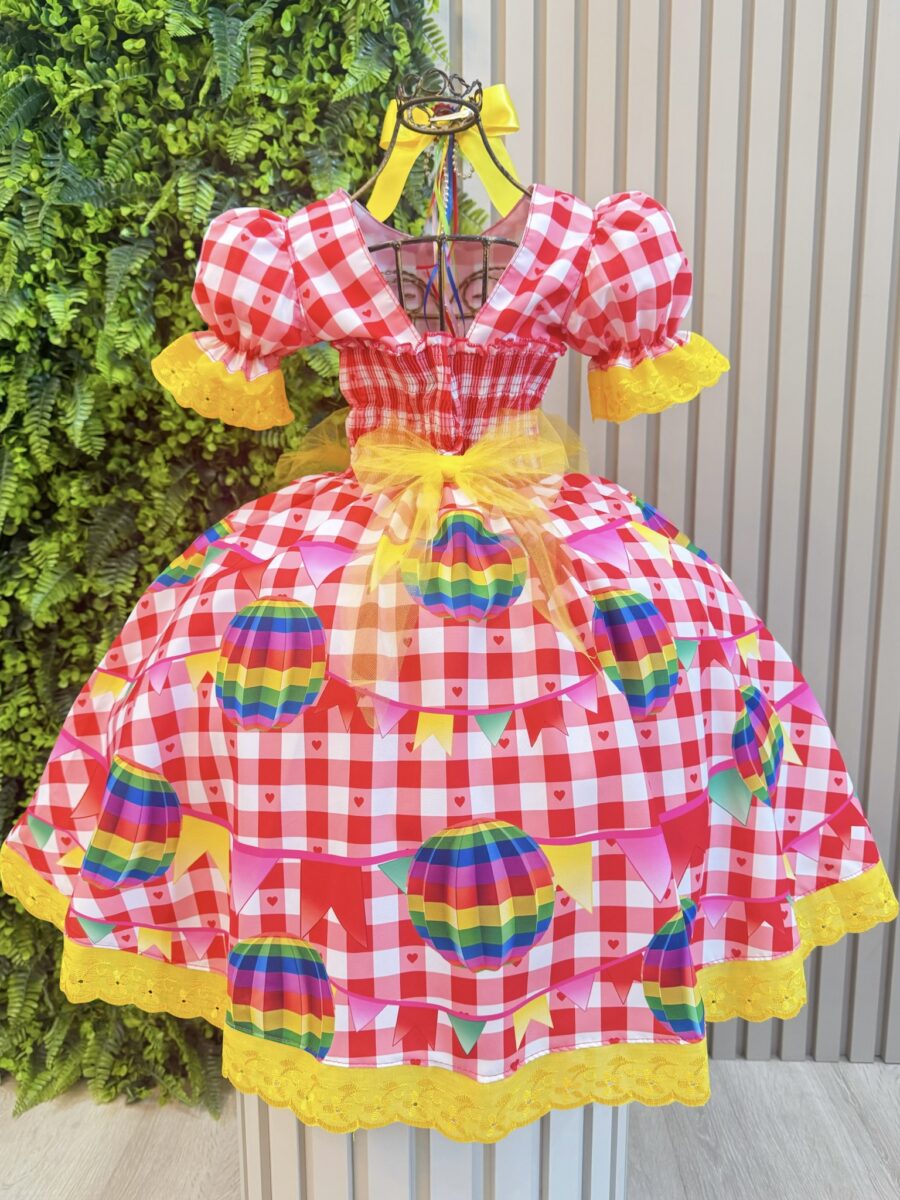 Vestido Junino Infantil Xadrez Vermelho Balões Coloridos