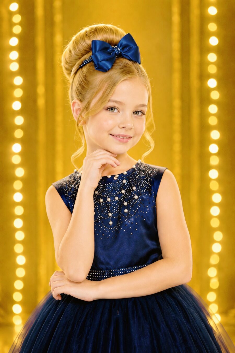 Vestido Infantil Dama de Honra Longo Azul Marinho Pérolas