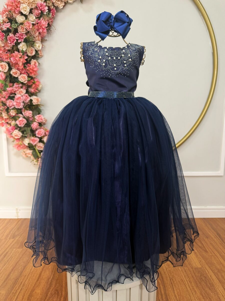 Vestido Infantil Dama de Honra Longo Azul Marinho Pérolas