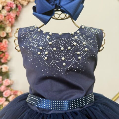 Vestido Infantil Dama de Honra Longo Azul Marinho Pérolas