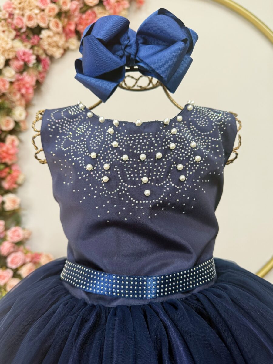 Vestido Infantil Dama de Honra Longo Azul Marinho Pérolas