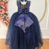 Vestido Infantil Dama de Honra Longo Azul Marinho Pérolas
