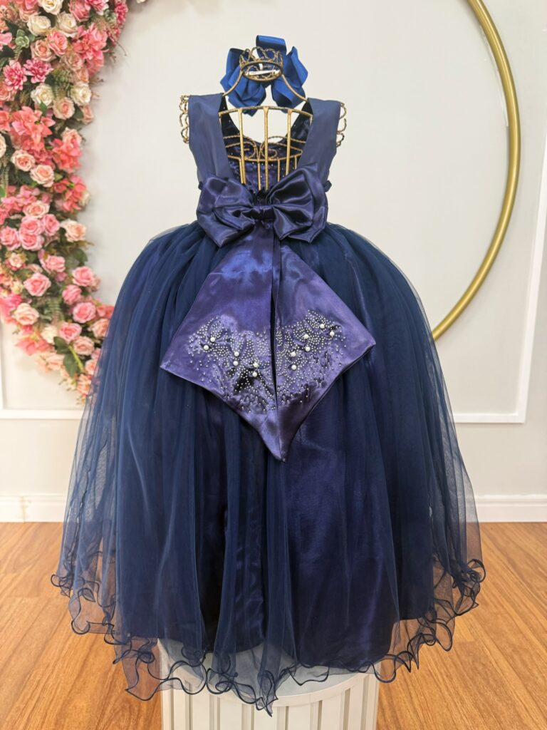 Vestido Infantil Dama de Honra Longo Azul Marinho Pérolas