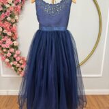 Vestido Infantil Dama de Honra Longo Azul Marinho Pérolas