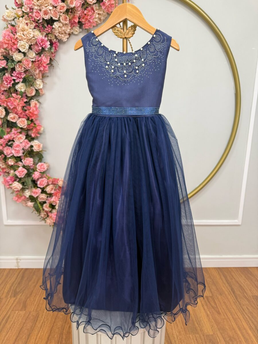 Vestido Infantil Dama de Honra Longo Azul Marinho Pérolas