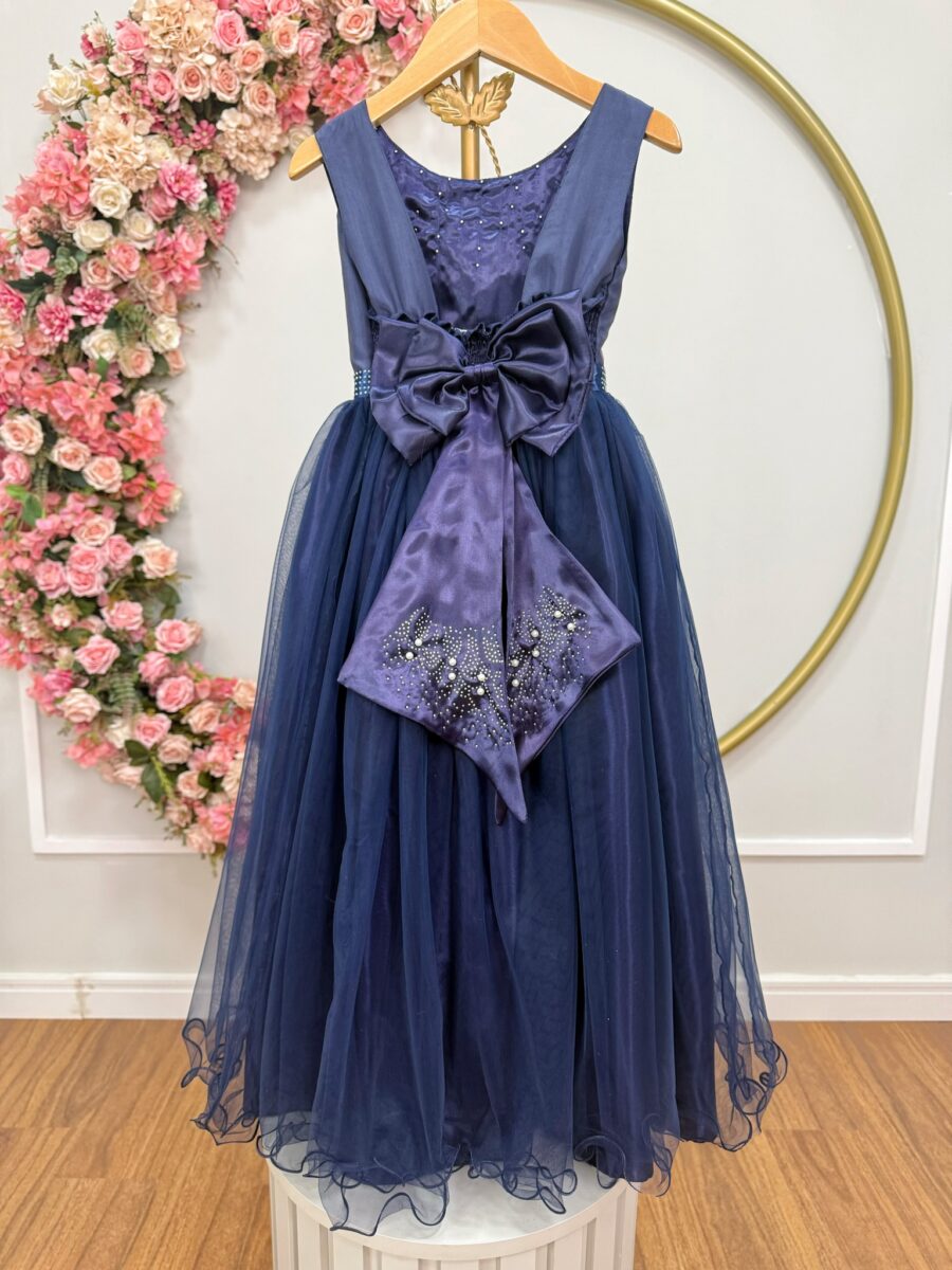 Vestido Infantil Dama de Honra Longo Azul Marinho Pérolas