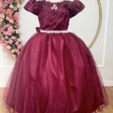 Vestido Infantil Dama Longo Marsala Tafetá Renda e Tule