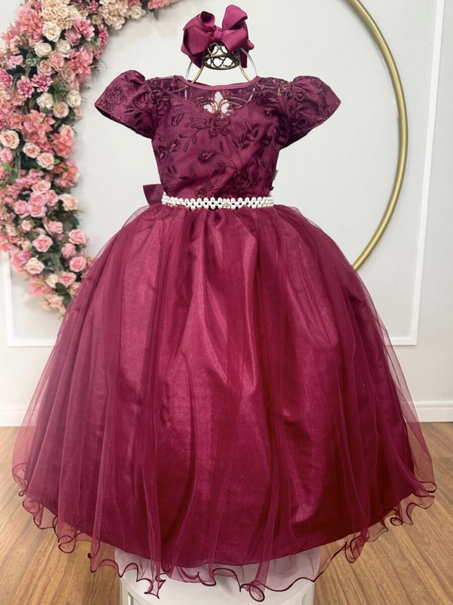 Vestido Infantil Dama Longo Marsala Tafetá Renda e Tule