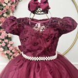 Vestido Infantil Dama Longo Marsala Tafetá Renda e Tule