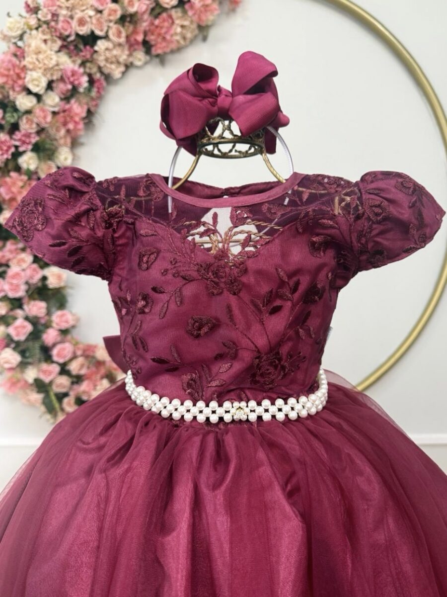 Vestido Infantil Dama Longo Marsala Tafetá Renda e Tule