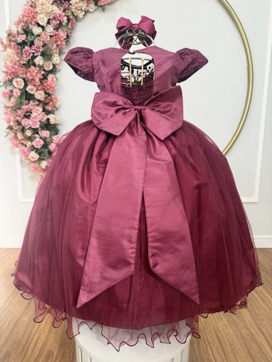 Vestido Infantil Dama Longo Marsala Tafetá Renda e Tule
