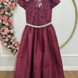 Vestido Infantil Dama Longo Marsala Tafetá Renda e Tule