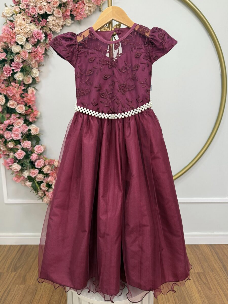 Vestido Infantil Dama Longo Marsala Tafetá Renda e Tule