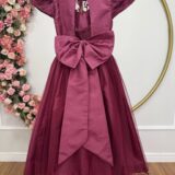 Vestido Infantil Dama Longo Marsala Tafetá Renda e Tule