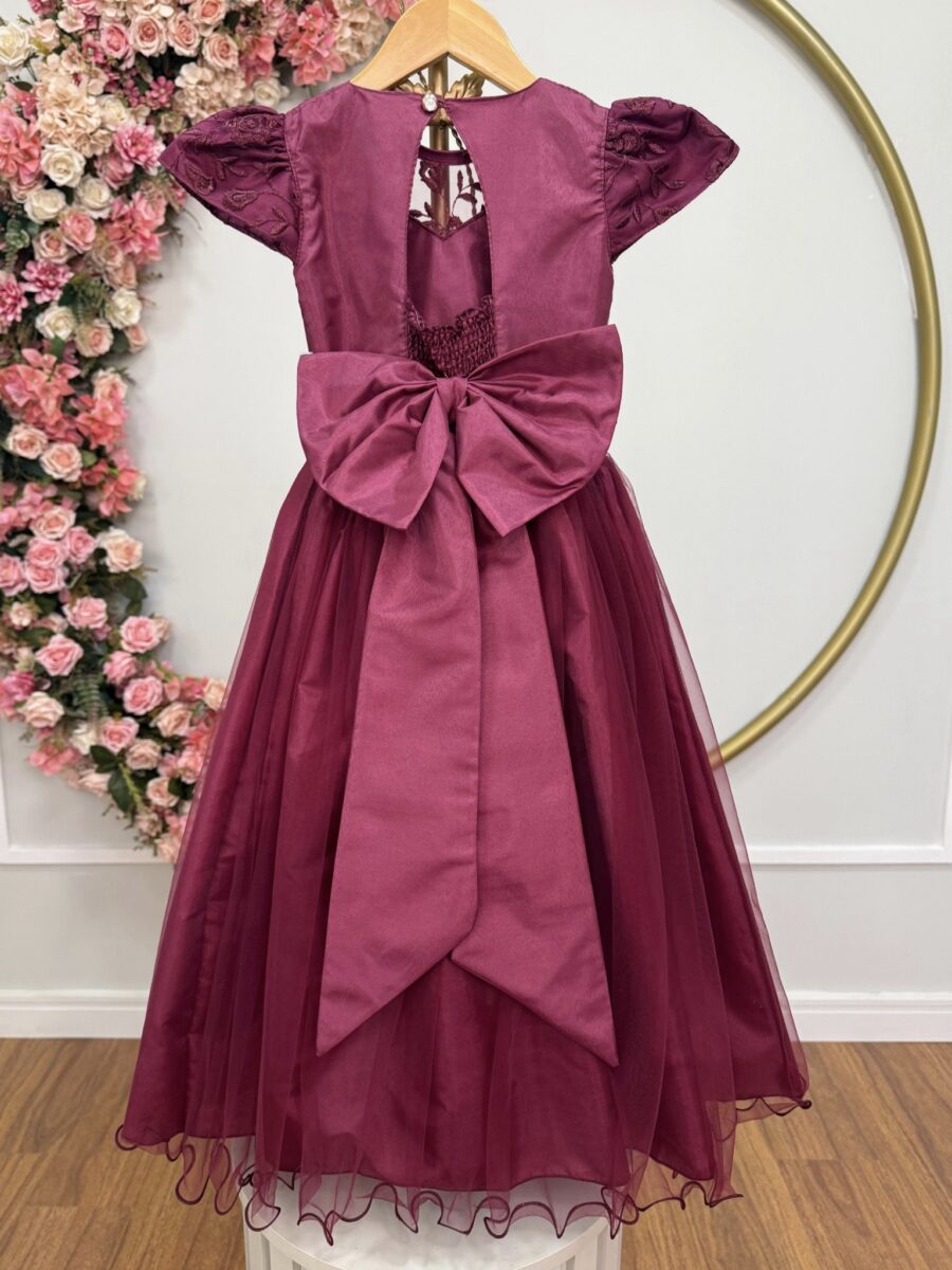 Vestido Infantil Dama Longo Marsala Tafetá Renda e Tule