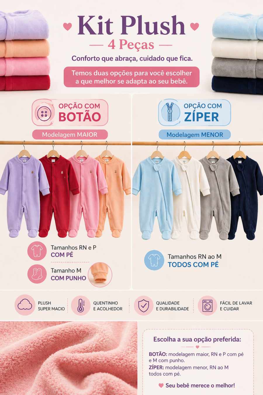 Kit 4 Macacões Plush Bebê Maternidade Menino ou Menina