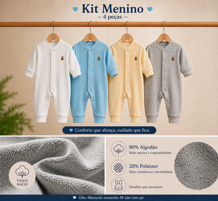 Kit 4 Macacões Plush Bebê Maternidade Menino ou Menina