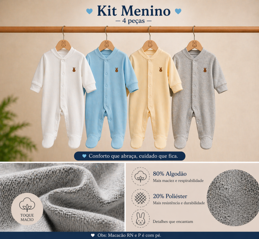 Kit 4 Macacões Plush Bebê Maternidade Menino ou Menina