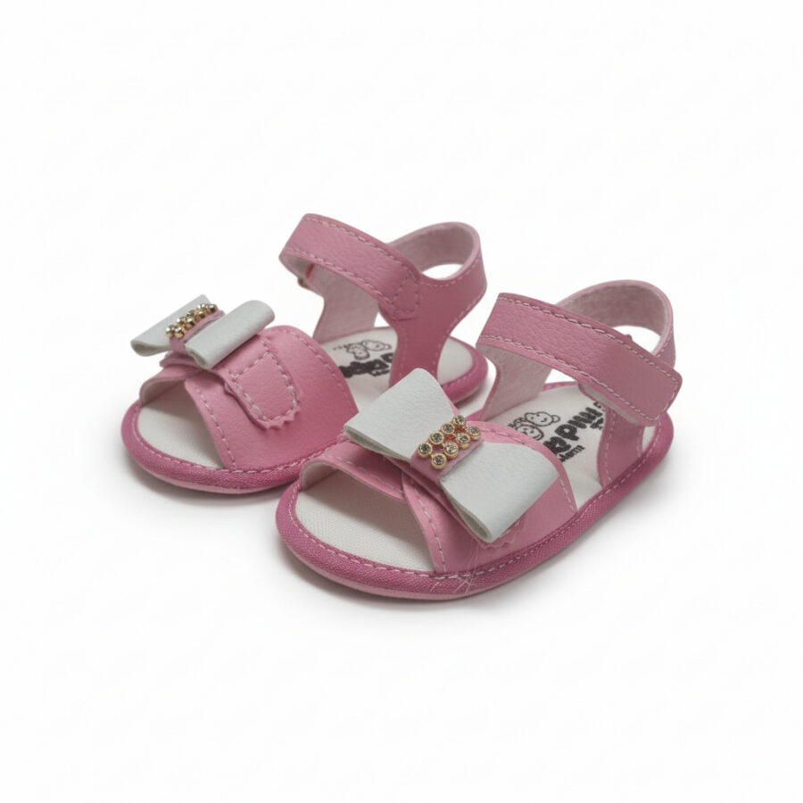 Sandália de Bebê com Laço e Strass Pink ou Dourada