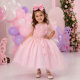 Vestido Infantil Maju Menina Bonita Rosa Tule Poá Aplique 3D