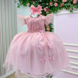 Vestido Infantil Maju Menina Bonita Rosa Tule Poá Aplique 3D