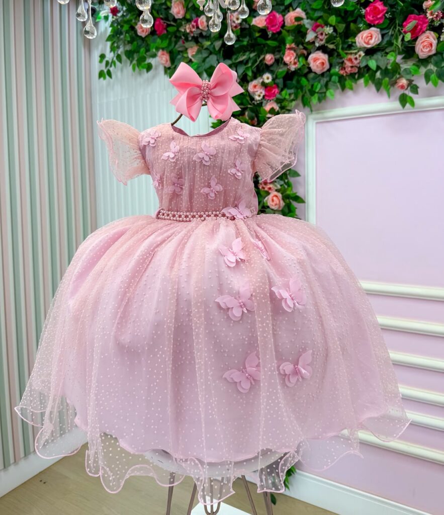 Vestido Infantil Maju Menina Bonita Rosa Tule Poá Aplique 3D