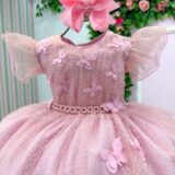 Vestido Infantil Maju Menina Bonita Rosa Tule Poá Aplique 3D