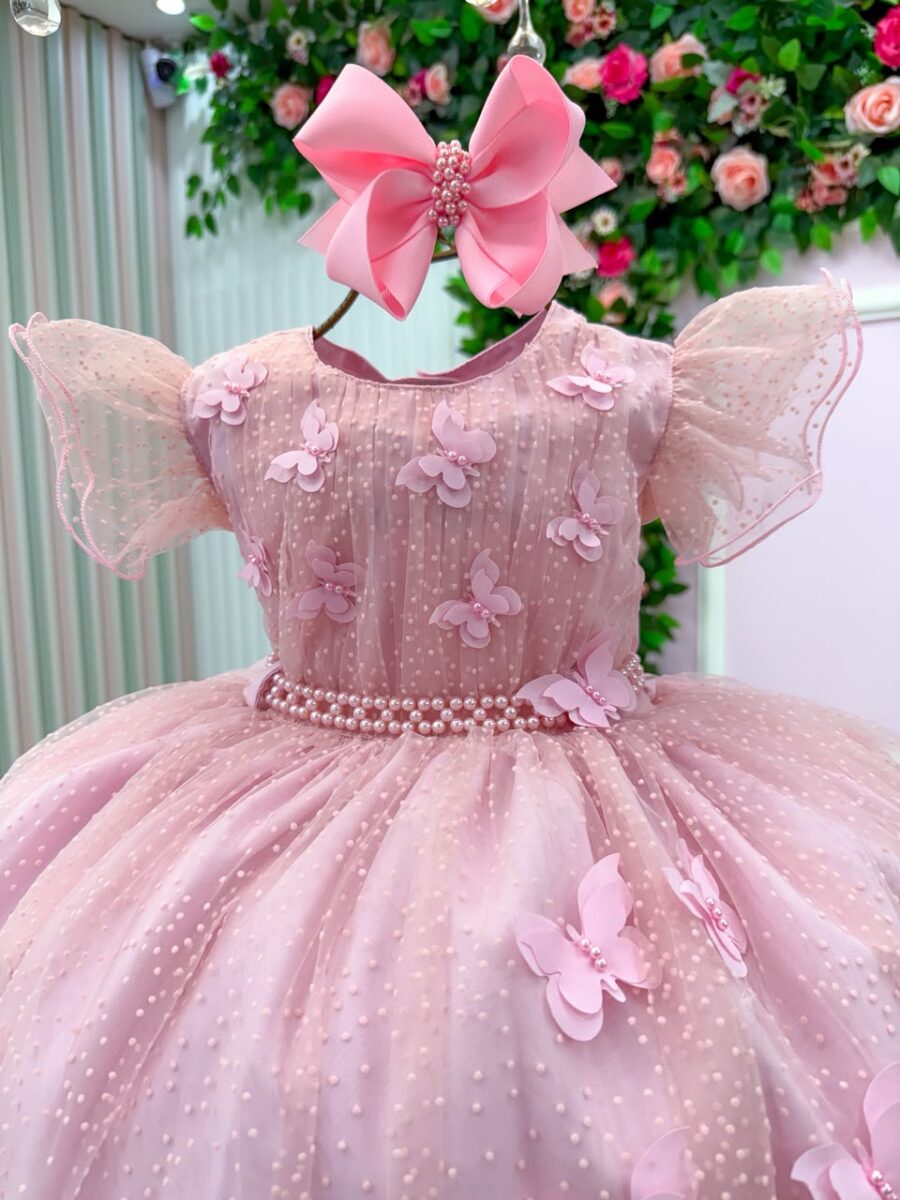 Vestido Infantil Maju Menina Bonita Rosa Tule Poá Aplique 3D