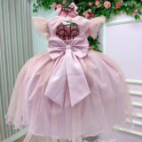 Vestido Infantil Maju Menina Bonita Rosa Tule Poá Aplique 3D