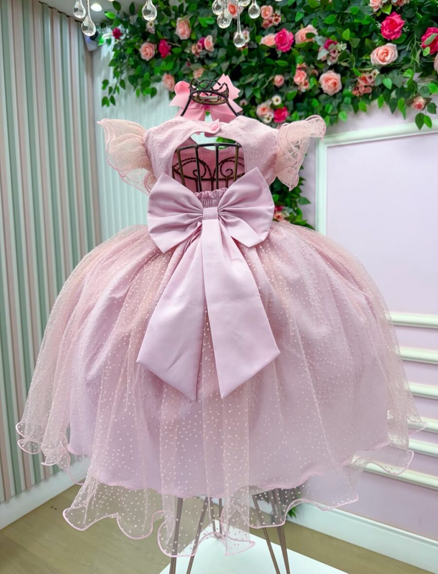 Vestido Infantil Maju Menina Bonita Rosa Tule Poá Aplique 3D