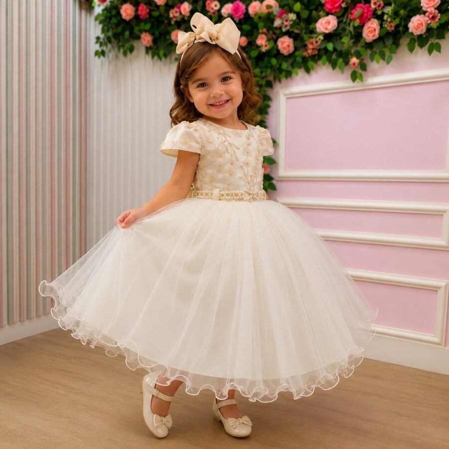 Vestido Infantil Julieta Menina Bonita Off-white Tule Pérola