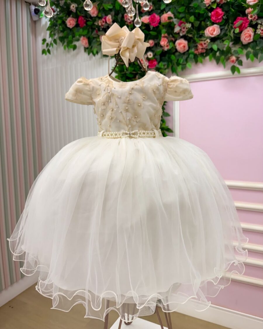 Vestido Infantil Julieta Menina Bonita Off-white Tule Pérola