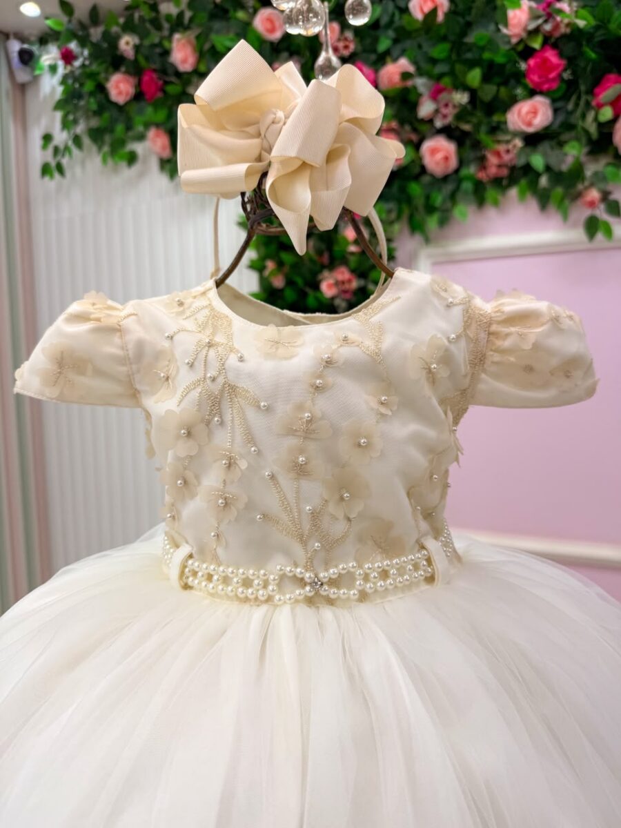 Vestido Infantil Julieta Menina Bonita Off-white Tule Pérola