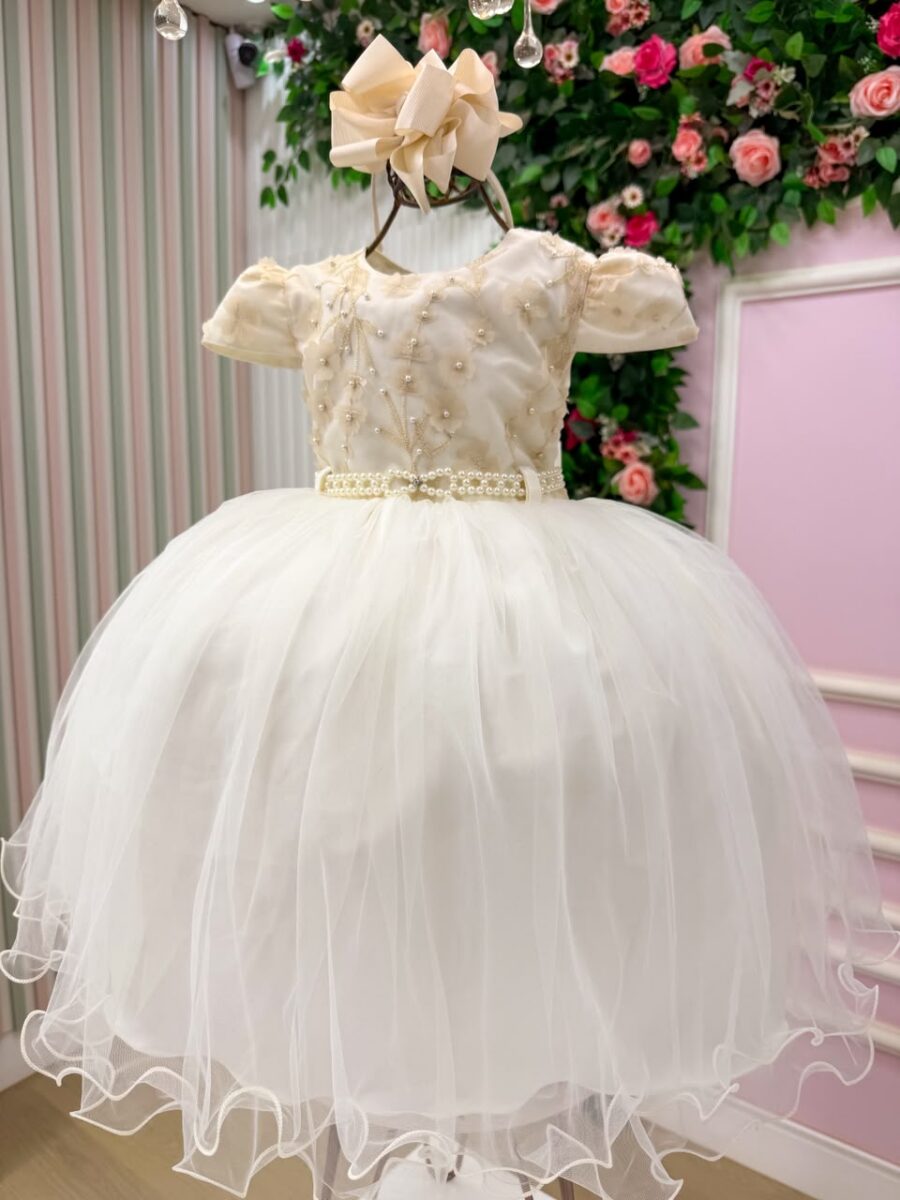 Vestido Infantil Julieta Menina Bonita Off-white Tule Pérola