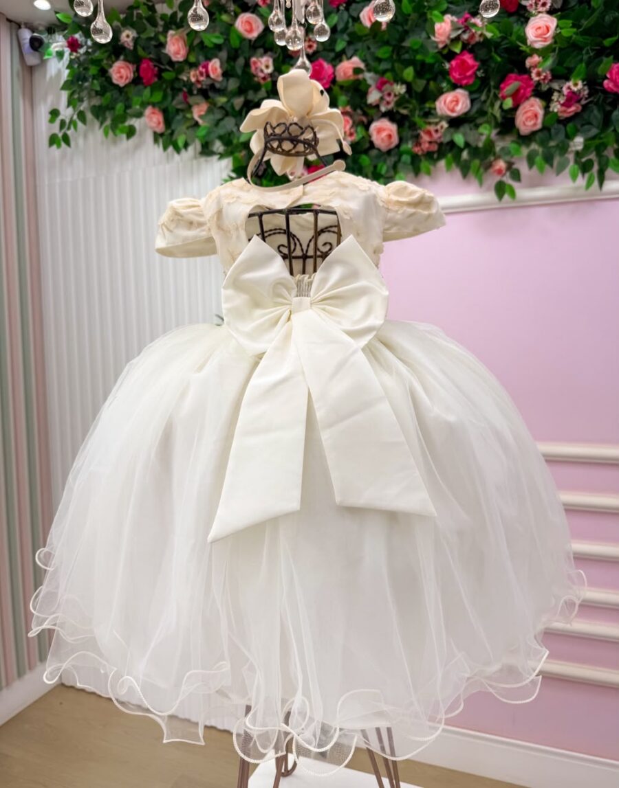 Vestido Infantil Julieta Menina Bonita Off-white Tule Pérola