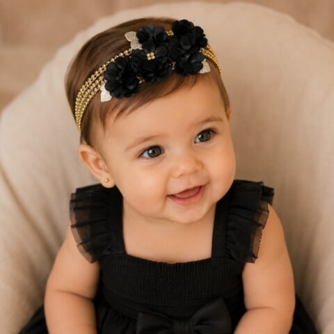 Faixa Tiara Infantil Belli Jardim Preto com Dourado