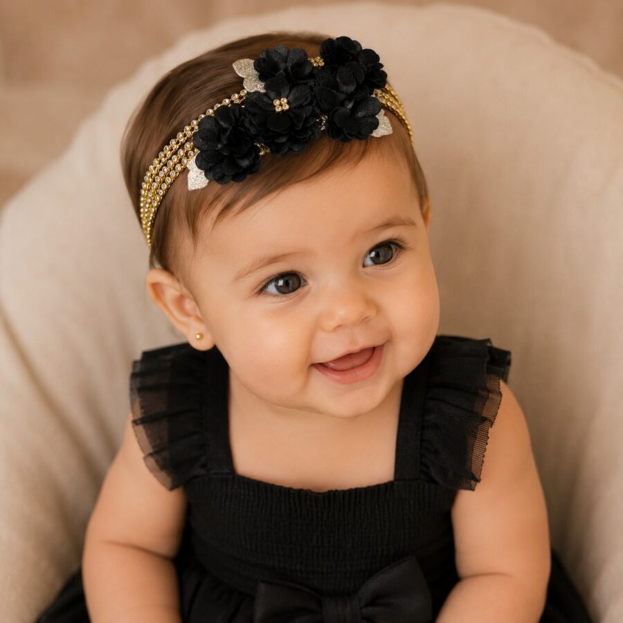 Faixa Tiara Infantil Belli Jardim Preto com Dourado